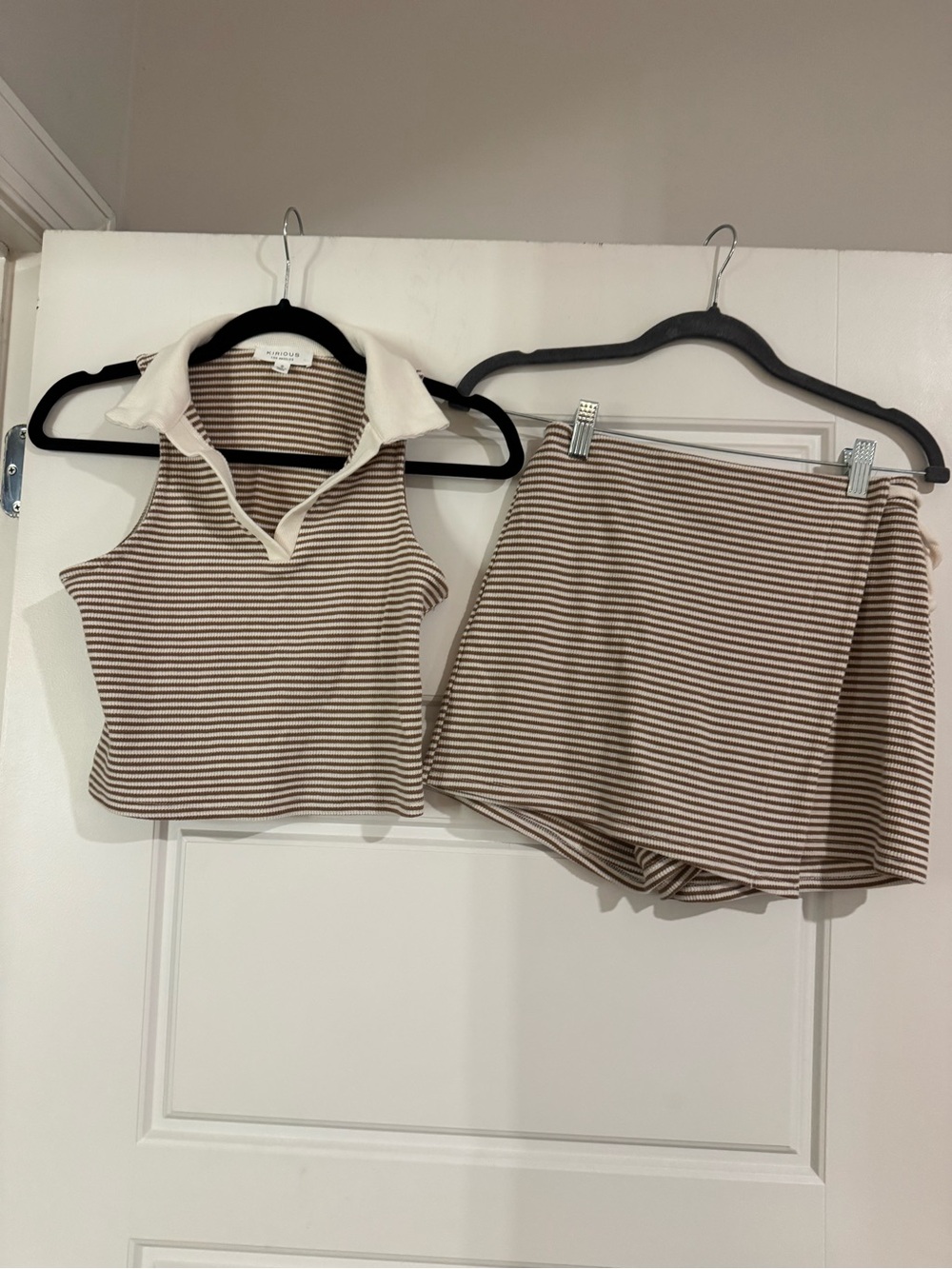 Striped Knit Polo Tank and Skort Set in Cream and Brown - Picture 1 of 5